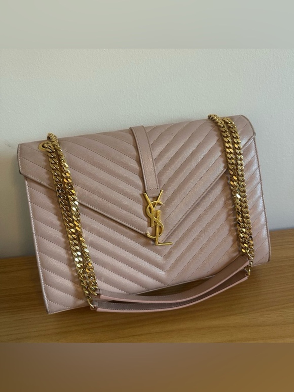 YSL Saint Laurent Large Envelope Chain Bag Nude Pink Quilted Leather Gold HW
